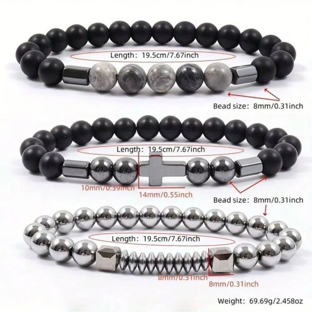 Cross Black and Silver Metal Beaded Bracelets, Set of 3